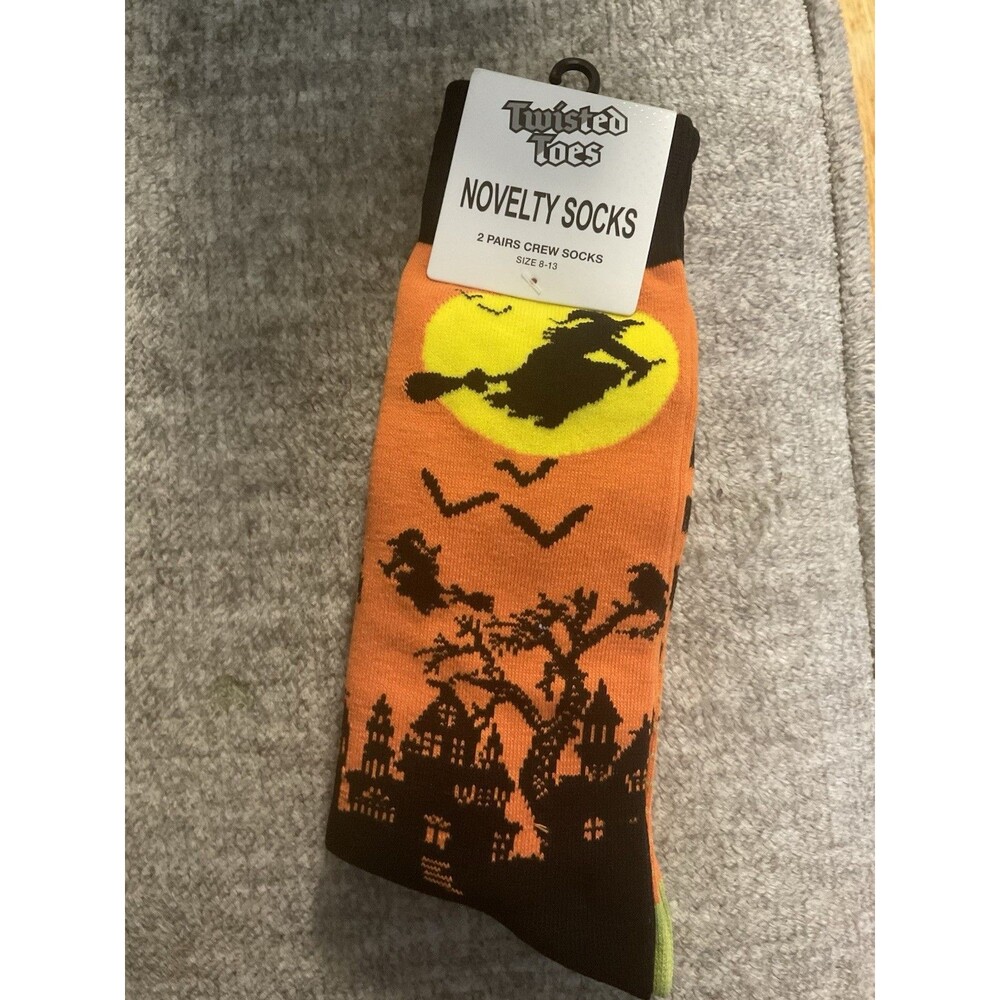 Twisted Toes Novelty Socks 2 Pair Halloween Black Orange Cat Size 8-13 Adult New